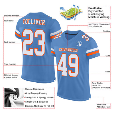 Custom Light Blue White-Orange Mesh Authentic Football Jersey