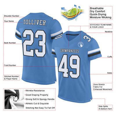 Custom Light Blue White-Black Mesh Authentic Football Jersey