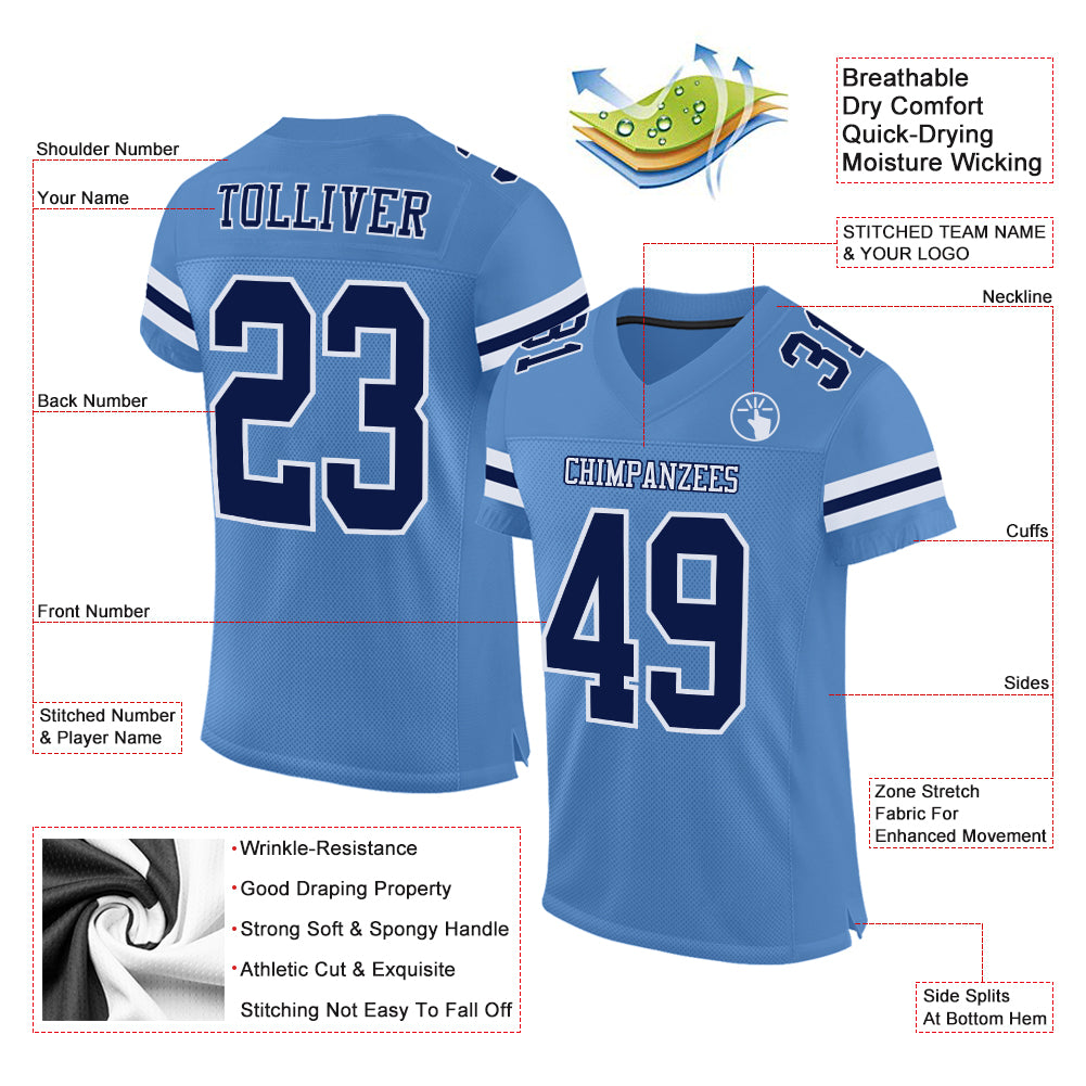 Custom Light Blue Navy-White Mesh Authentic Football Jersey