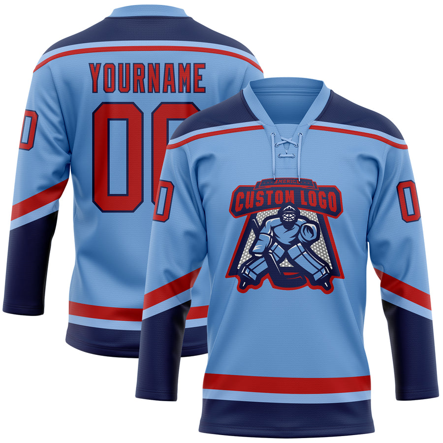 Custom Light Blue Red-Navy Hockey Lace Neck Jersey