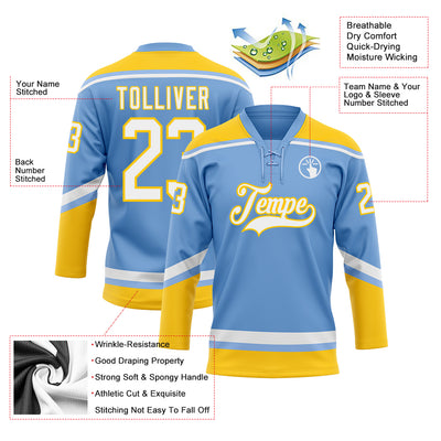 Custom Light Blue White-Yellow Hockey Lace Neck Jersey