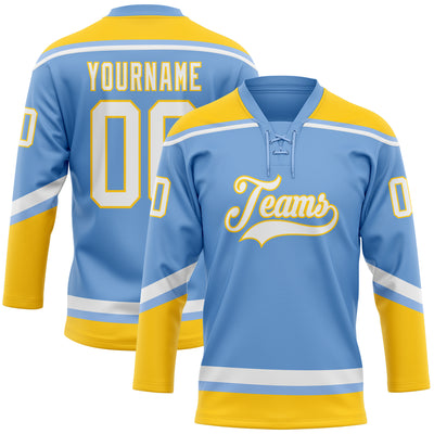 Custom Light Blue White-Yellow Hockey Lace Neck Jersey