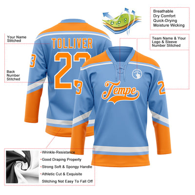 Custom Light Blue Bay Orange-White Hockey Lace Neck Jersey