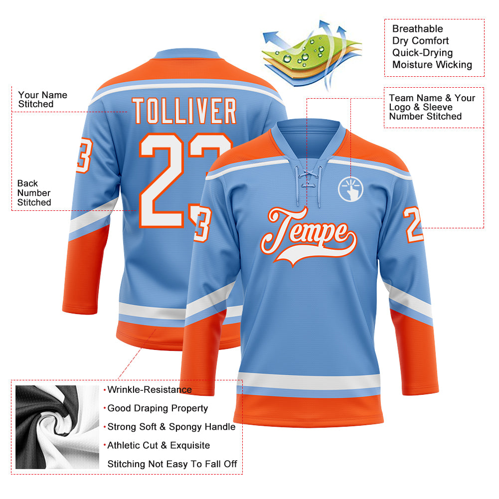 Custom Light Blue Orange-White Hockey Jersey Discount