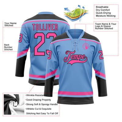 Custom Light Blue Pink-Black Hockey Lace Neck Jersey