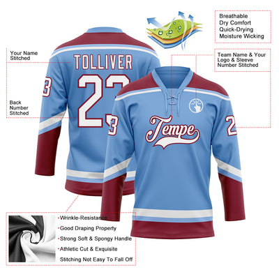 Custom Light Blue White-Crimson Hockey Lace Neck Jersey