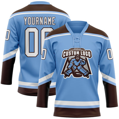 Custom Light Blue White-Brown Hockey Lace Neck Jersey