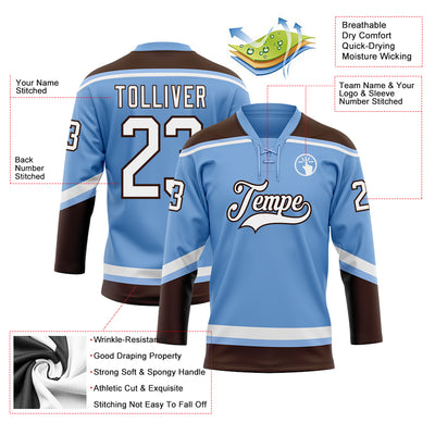 Custom Light Blue White-Brown Hockey Lace Neck Jersey