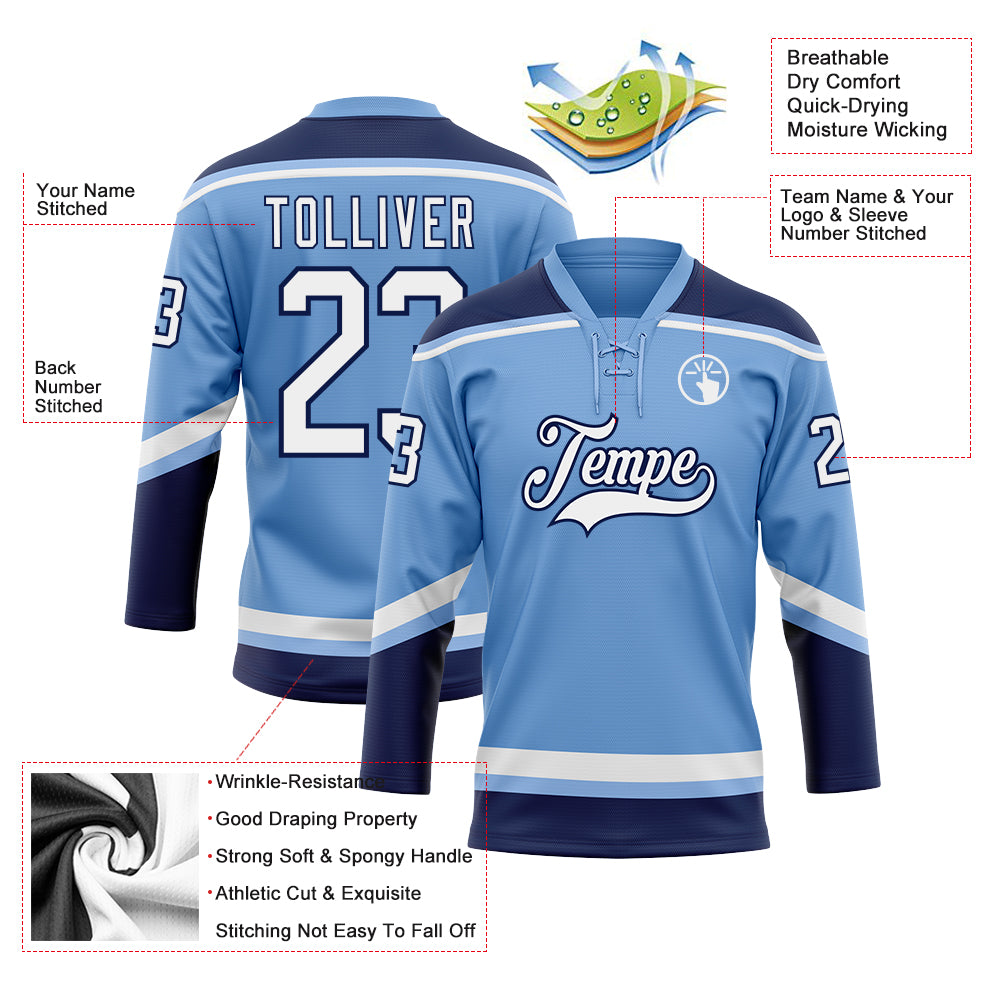 Custom Light Blue White-Navy Hockey Lace Neck Jersey