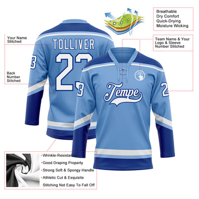 Custom Light Blue White-Royal Hockey Lace Neck Jersey