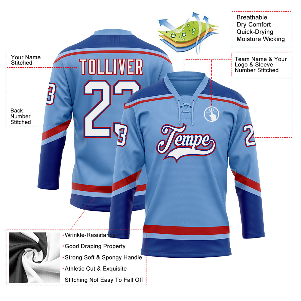 Custom Royal White-Light Blue Hockey Jersey - Personalized Name, Number,  Team Logo