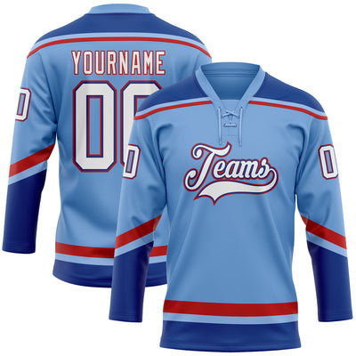 Custom Light Blue Hockey Jersey White-Red - FansIdea