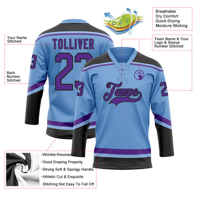 Custom Light Blue Purple-Black Hockey Lace Neck Jersey