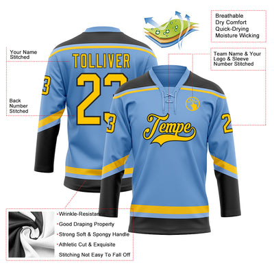 Custom Light Blue Yellow-Black Hockey Lace Neck Jersey