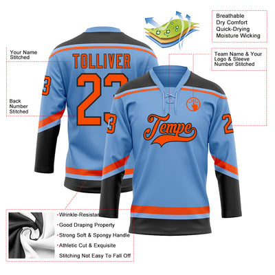 Custom Light Blue Orange-Black Hockey Lace Neck Jersey