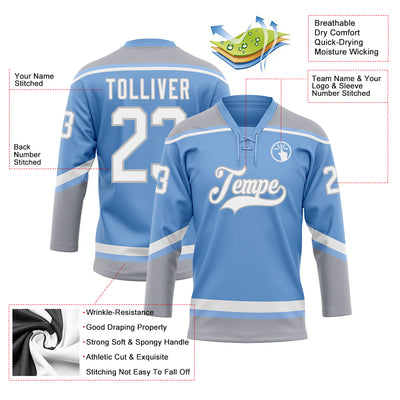 Custom Light Blue White-Gray Hockey Lace Neck Jersey