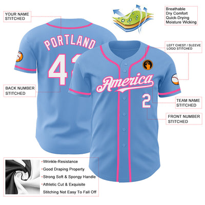 Custom Light Blue White-Pink Authentic Baseball Jersey