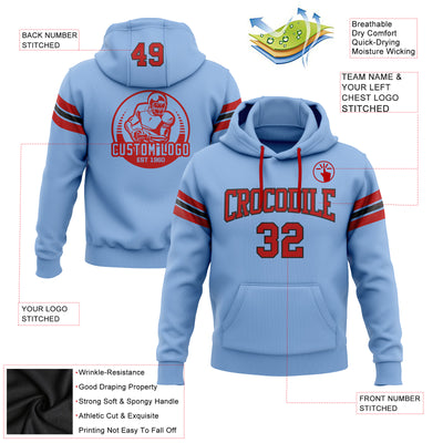 Custom Stitched Light Blue Red-Black Football Pullover Sweatshirt Hoodie