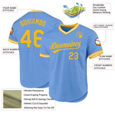 Custom Light Blue Gold-White Authentic Throwback Baseball Jersey