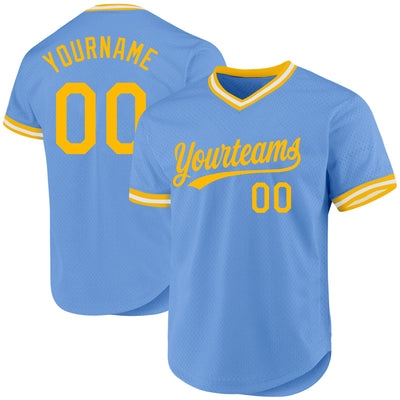 Custom Light Blue Gold-White Authentic Throwback Baseball Jersey