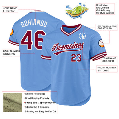 Custom Light Blue Maroon-White Authentic Throwback Baseball Jersey