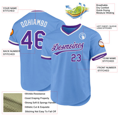 Custom Light Blue Purple-White Authentic Throwback Baseball Jersey