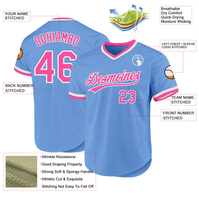 Custom Light Blue Pink-White Authentic Throwback Baseball Jersey