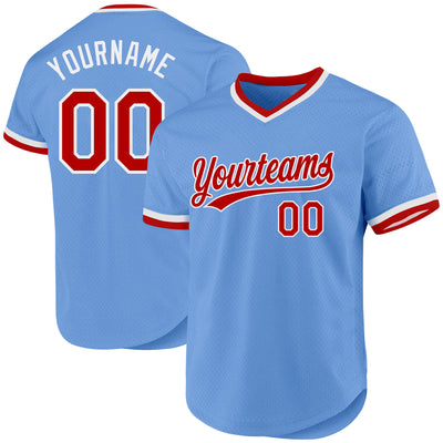 Custom Light Blue Red-White Authentic Throwback Baseball Jersey