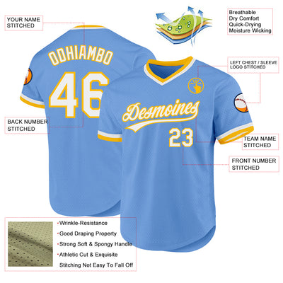 Custom Light Blue White-Gold Authentic Throwback Baseball Jersey