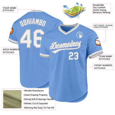 Custom Light Blue White-Gray Authentic Throwback Baseball Jersey