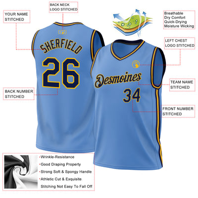 Custom Light Blue Navy-Gold Authentic Throwback Basketball Jersey