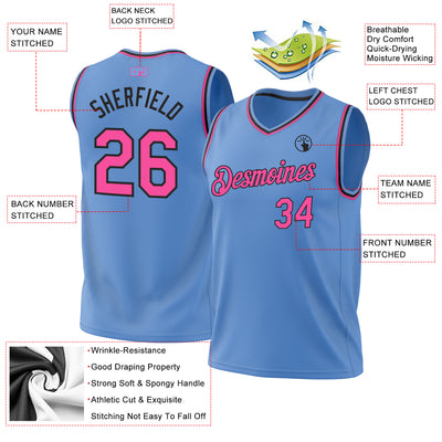 Custom Light Blue Pink-Black Authentic Throwback Basketball Jersey