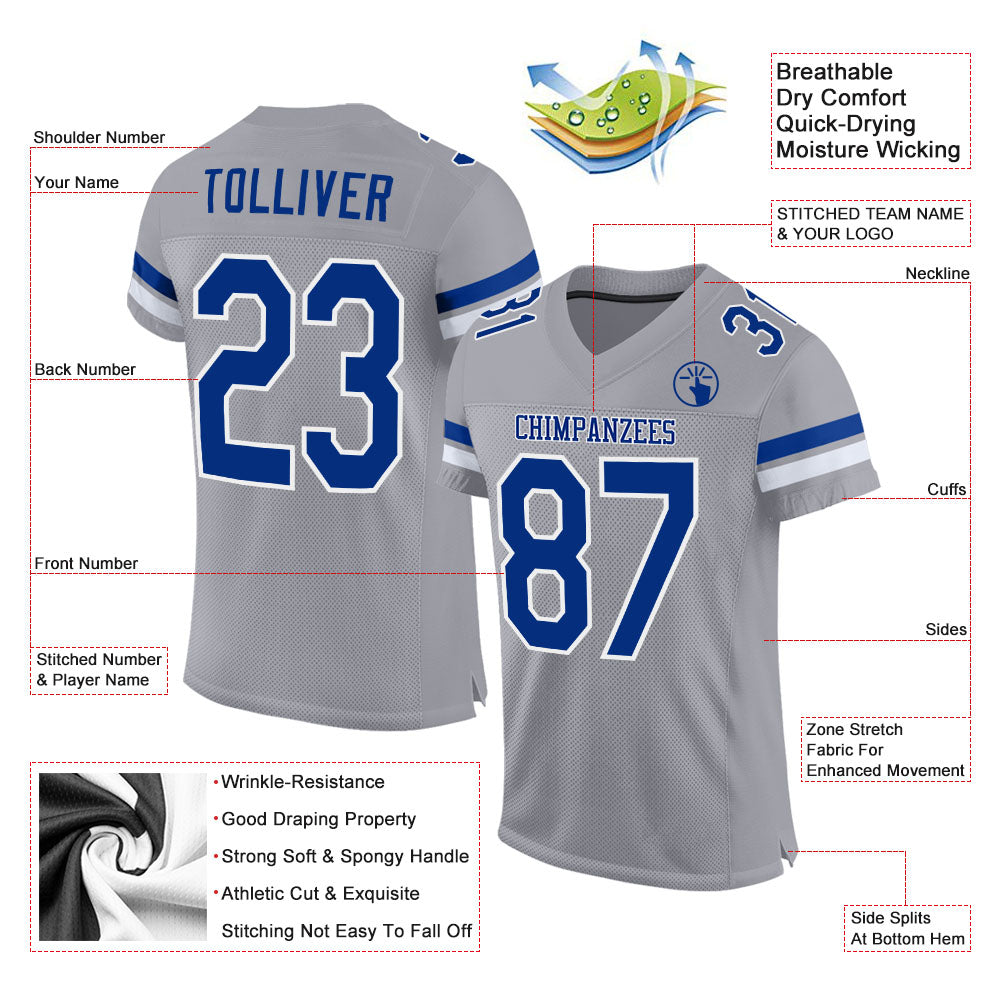 Custom Light Gray Royal-White Authentic Football Jersey Men's Size:3XL