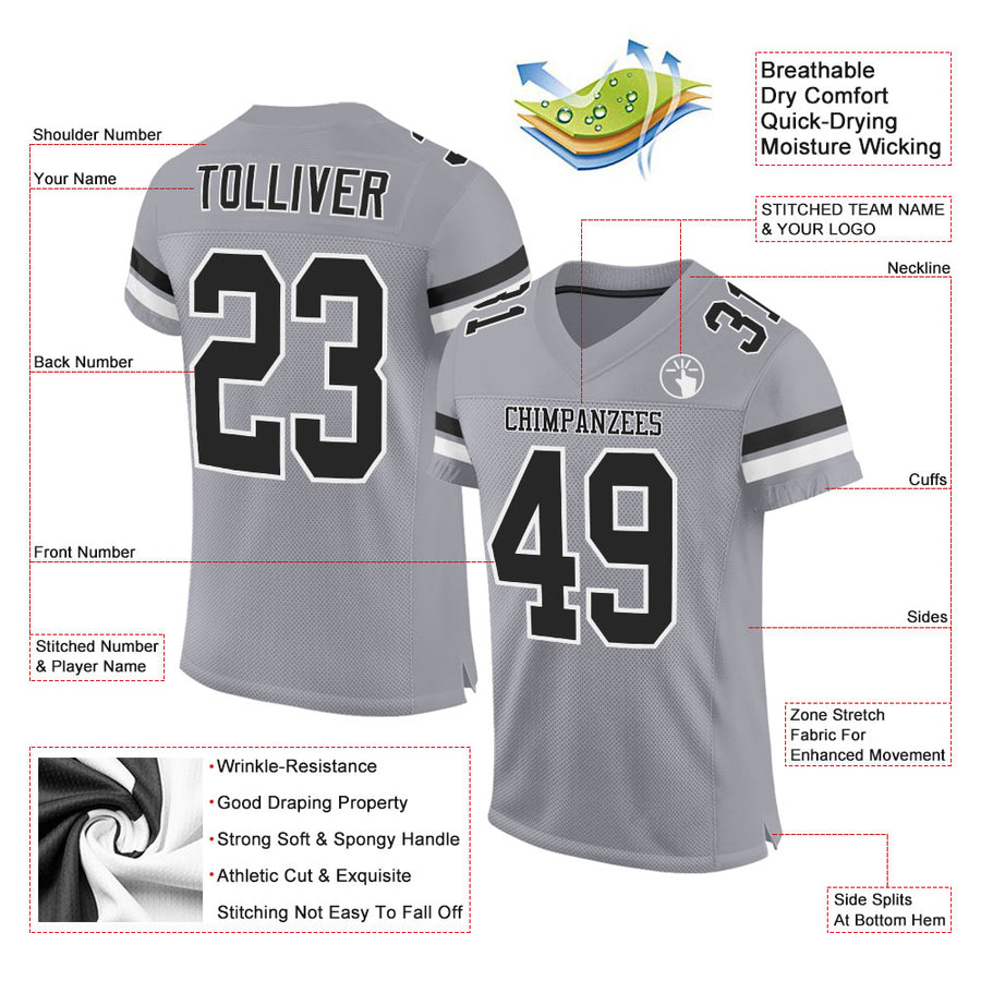 Custom Light Gray Black-White Mesh Authentic Football Jersey