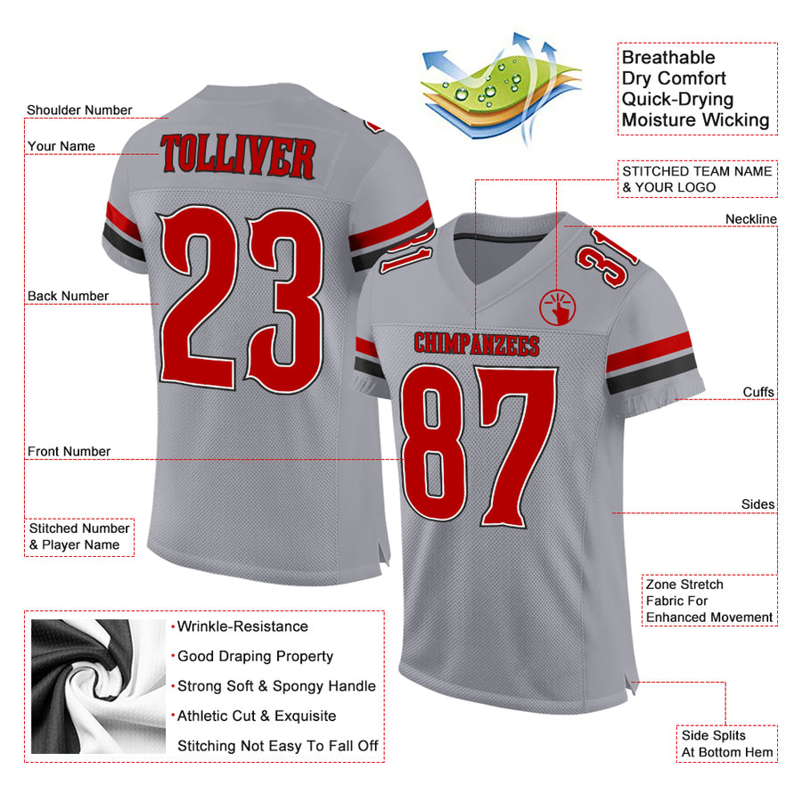 Custom Light Gray Red-Black Mesh Authentic Football Jersey