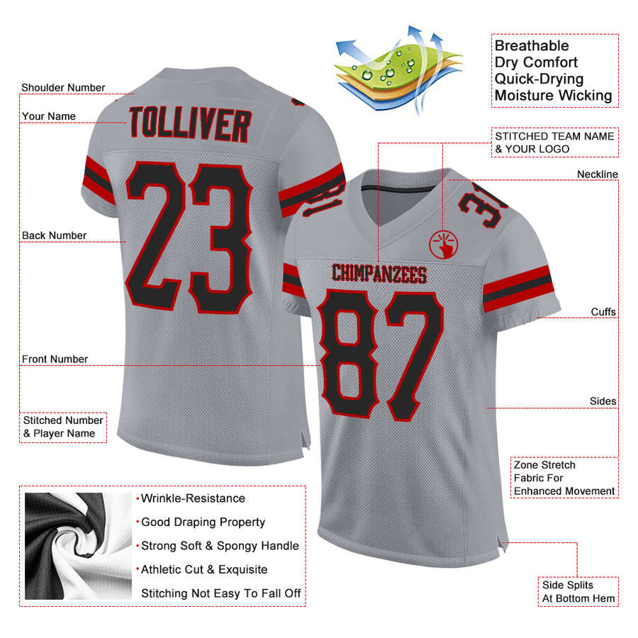 Custom Light Gray Black-Red Mesh Authentic Football Jersey