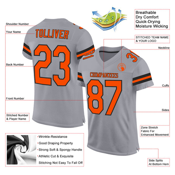 Custom Light Gray Football Jersey Orange-Black Mesh Authentic