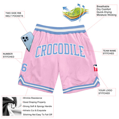 Custom Light Pink Light Blue-White Authentic Throwback Basketball Shorts