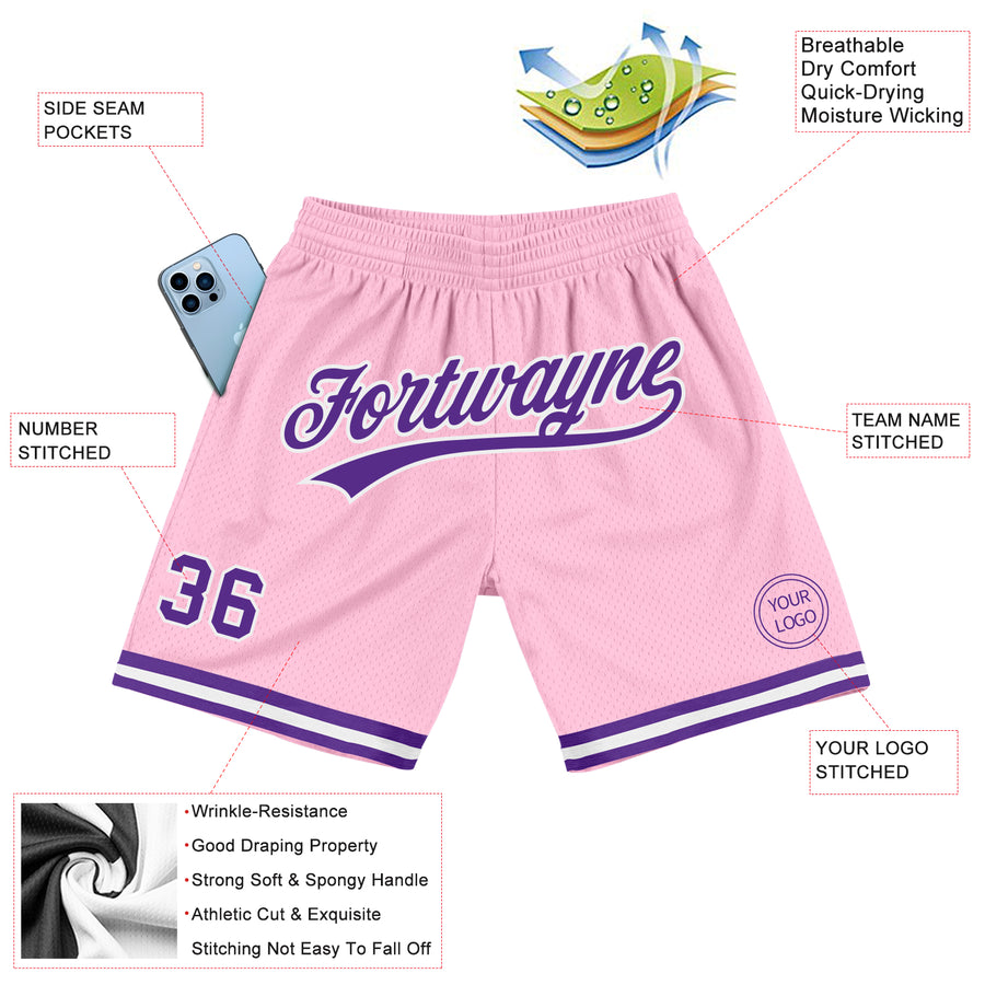 Custom Light Pink Purple-White Authentic Throwback Basketball Shorts