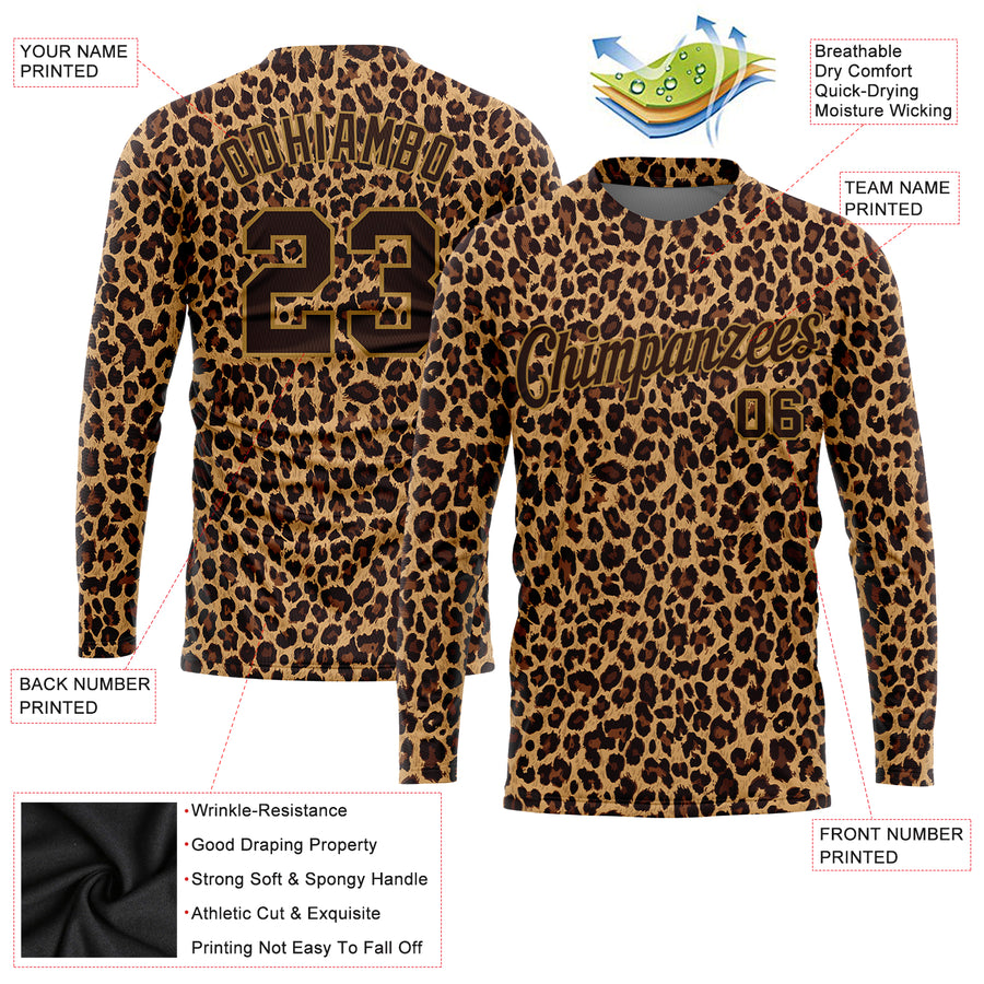 Custom Brown Brown-Old Gold Leopard 3D Pattern Long Sleeve Performance T-Shirt