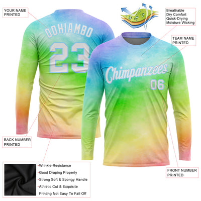 Custom Tie Dye White-Light Blue Rainbow 3D Long Sleeve Performance T-Shirt