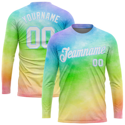 Custom Tie Dye White-Light Blue Rainbow 3D Long Sleeve Performance T-Shirt