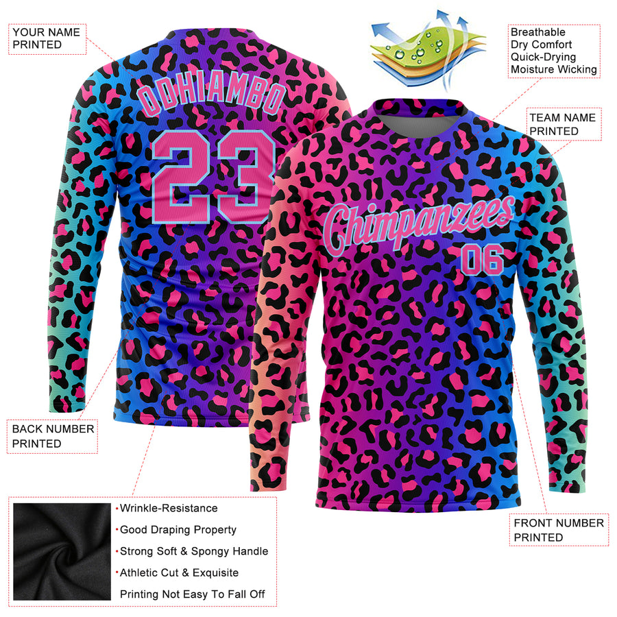 Custom Purple Pink-Light Blue Leopard 3D Pattern Long Sleeve Performance T-Shirt