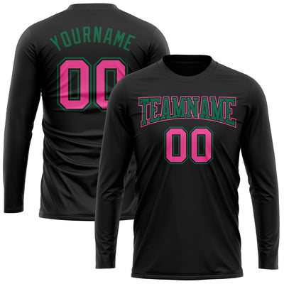 Custom Black Pink-Kelly Green Long Sleeve Performance T-Shirt