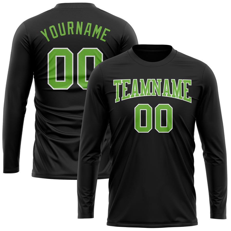 Custom Black Neon Green-White Long Sleeve Performance T-Shirt