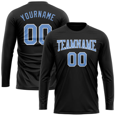 Custom Black Light Blue-White Long Sleeve Performance T-Shirt