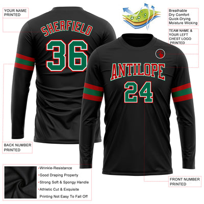 Custom Black Kelly Green Red-White Long Sleeve Performance T-Shirt