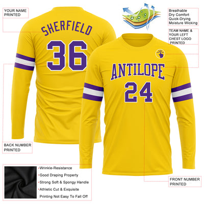 Custom Gold Purple-White Long Sleeve Performance T-Shirt