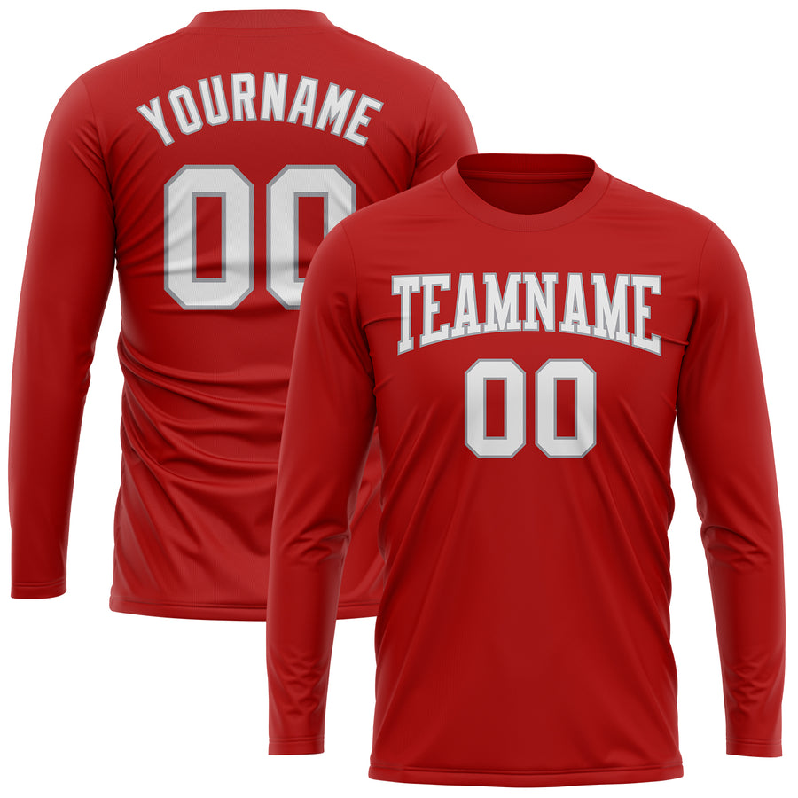 Custom Red White-Gray Long Sleeve Performance T-Shirt