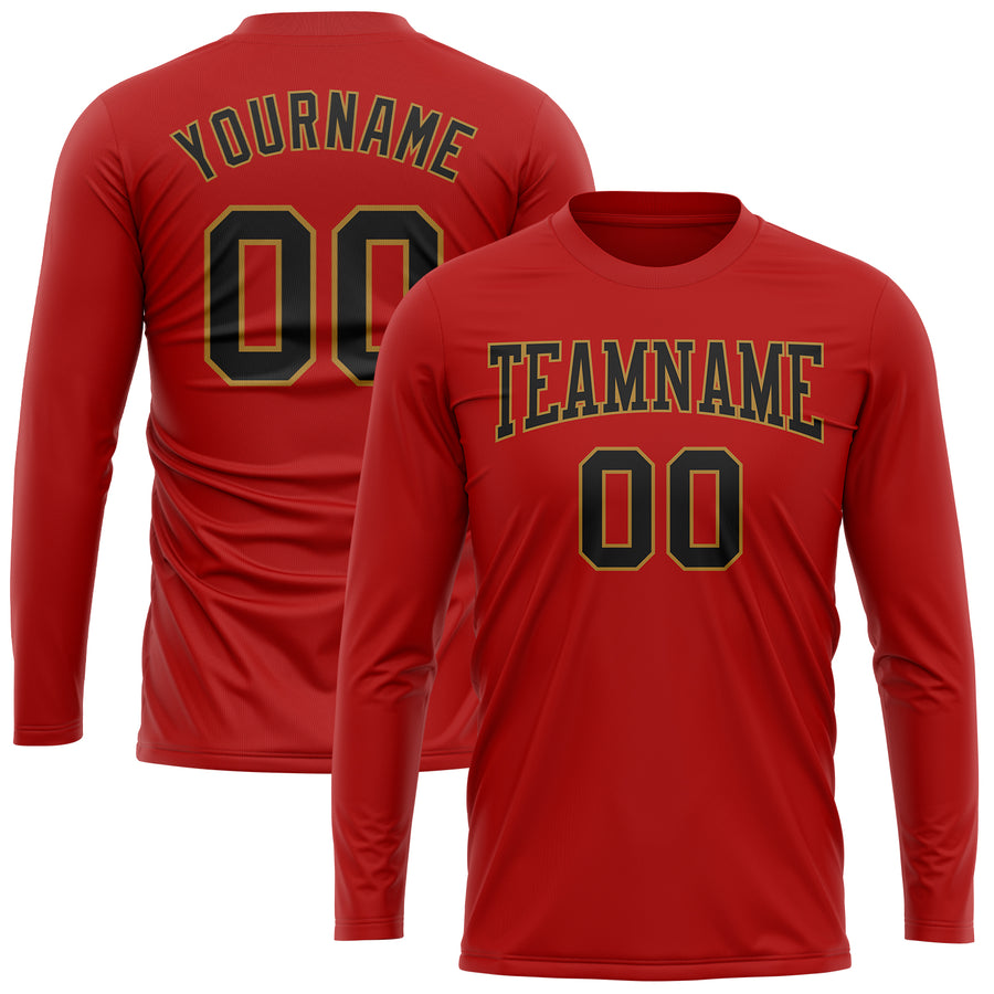 Custom Red Black-Old Gold Long Sleeve Performance T-Shirt